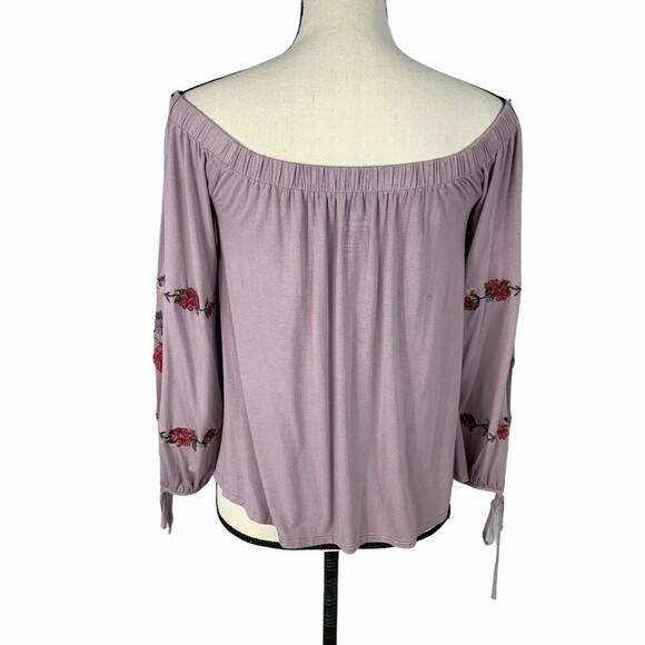 American Eagle Off Shoulder Boho Slinky Top Women M Embroidered Floral Sleeves - Picture 6 of 10